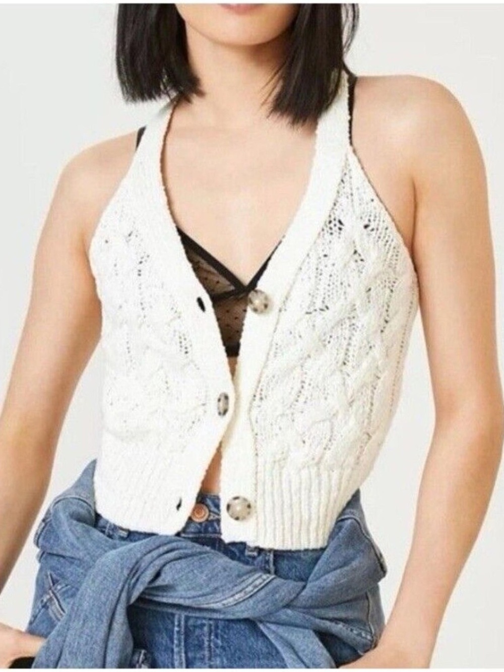 Pilcro  Cable Knit Button Front Vest - ivory